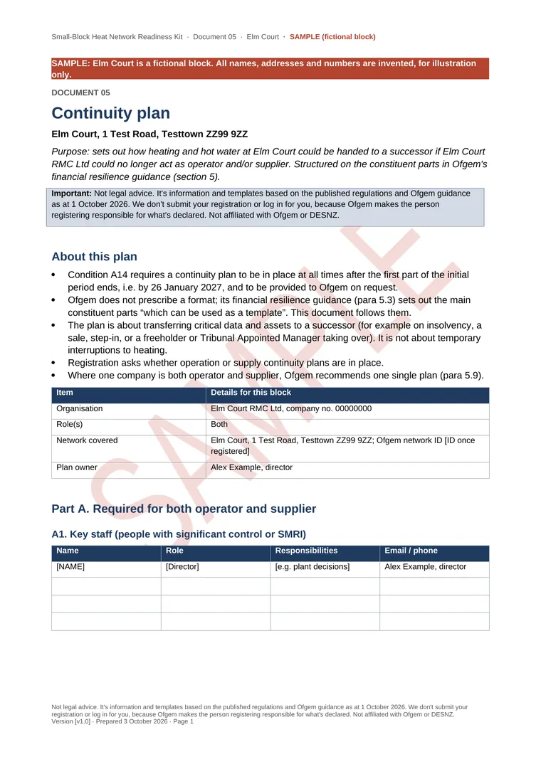 Page 1 of the sample continuity plan for Elm Court, a fictional block